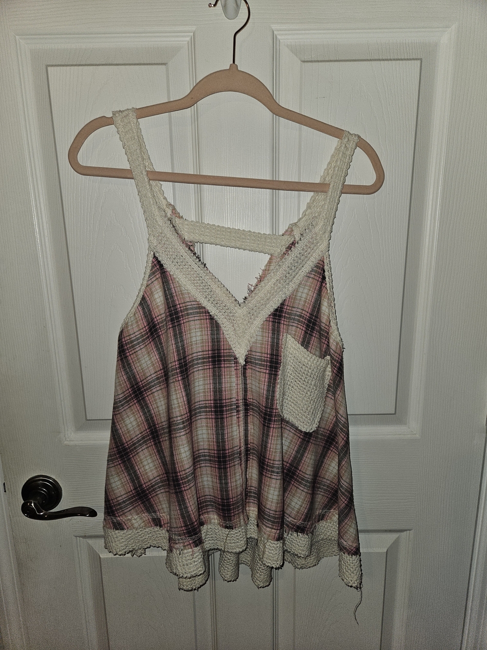 POL Pink Plaid Tank Top with Cream Crochet Trim